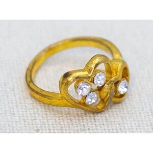 Size 7, Vintage Gold Tone Double Heart Colorless Rhinestones Ring - O1